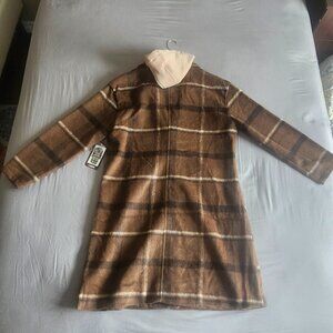 Cisono Brown Plaid Hooded Coat Cozy Teddy Jacket Size L